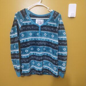 Muk Luks Long Sleeve Velour Fair Isle Pattern Henley PJ Top M Preppy Winter